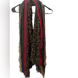 Leopard Print Scarf with Red and Brown Accents and Fringe Detail